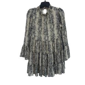 Altar'd State Snakeskin Tiered Mini Dress Bell Sleeve Boho Gypsy Babydoll Sz XS